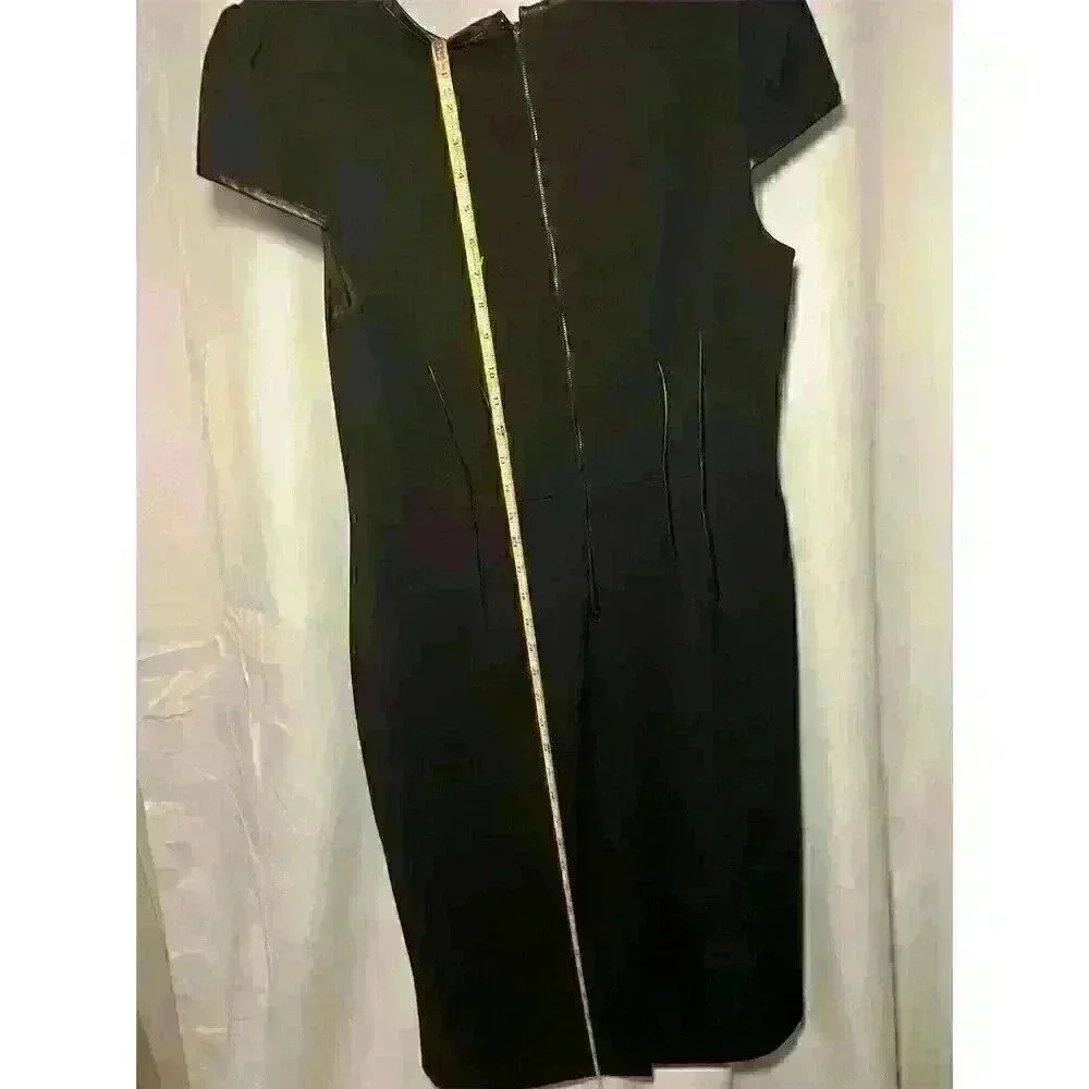 Betsey Johnson Women's Black Sheath Dress Faux Leather Trim Size 12 Knee Length - Picture 12 of 12